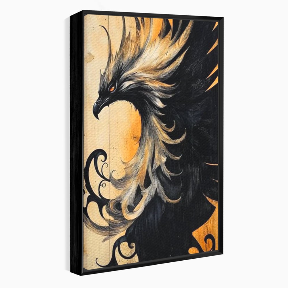 Tablou canvas cu tablou canvas cu pasare mitologica phoenix, in rama de aluminiu negru